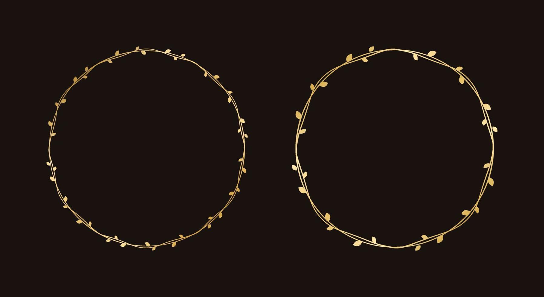 Round gold vine frame wedding elegant wreath set. Circle golden frame with botanical design. Vector isolated illustration.