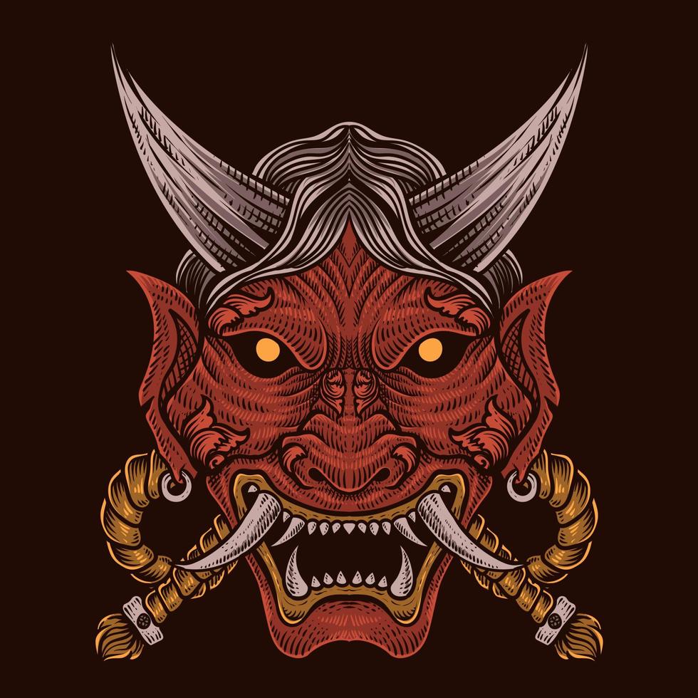 illustration demon mask engraving style on black background vector