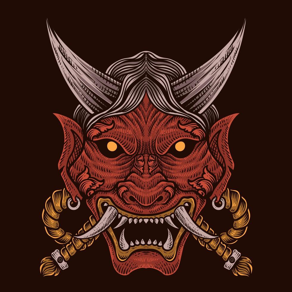 ilustración demonio máscara grabado estilo en negro antecedentes vector