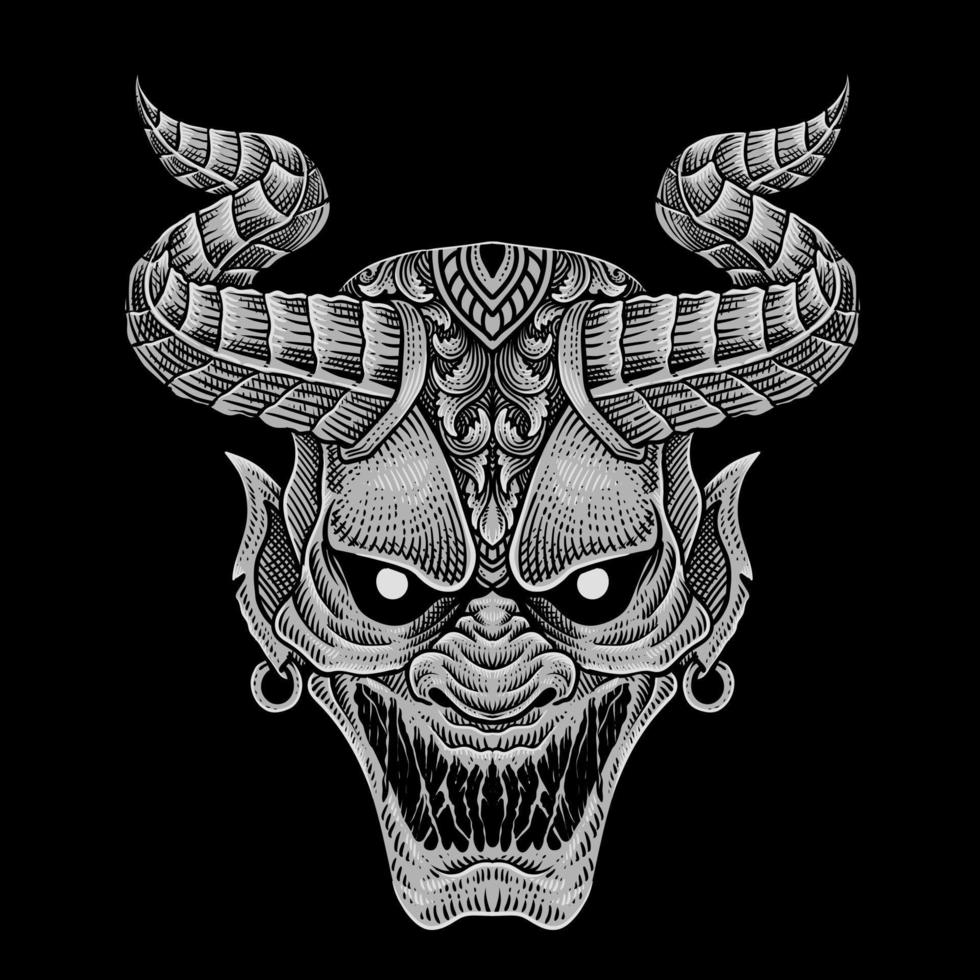 illustration demon mask engraving style on black background vector