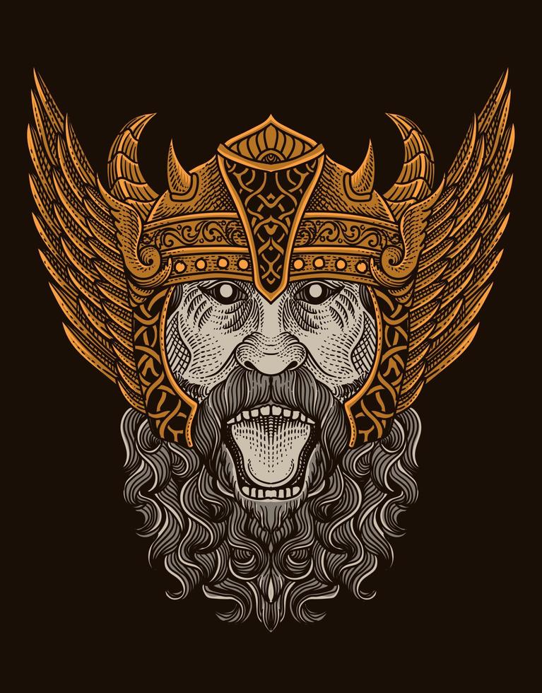 illustration viking head engraving style on black background vector