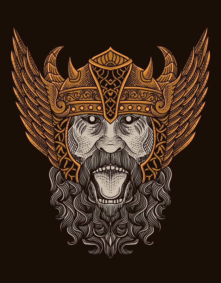 illustration viking head engraving style on black background vector