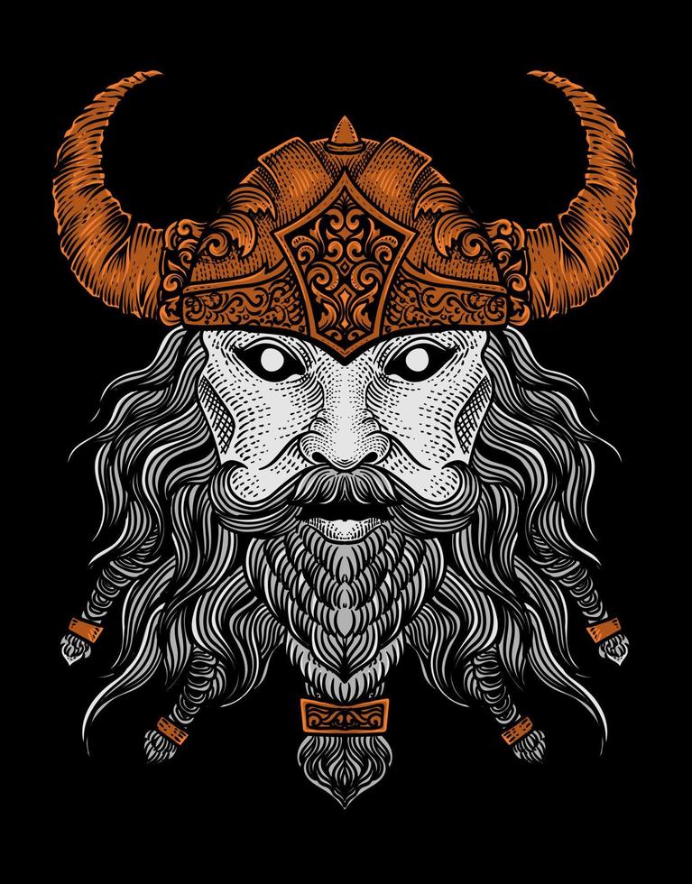 Ilustración cabeza de vikingo sobre fondo negro vector
