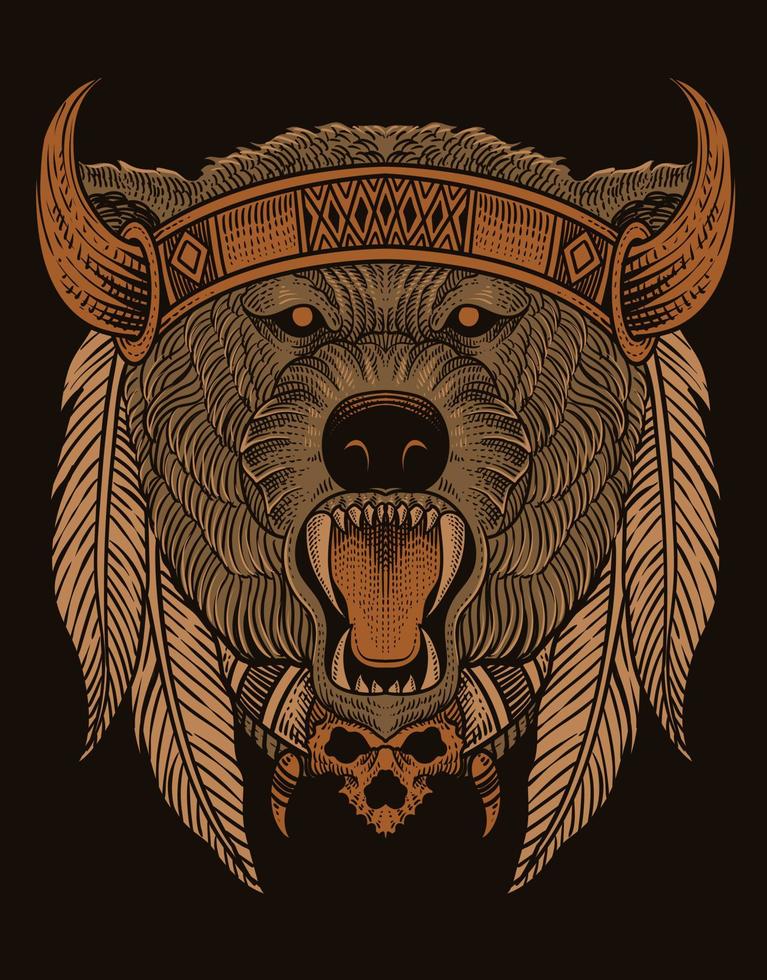 illustration tribal bear head with engraving style on black background vector