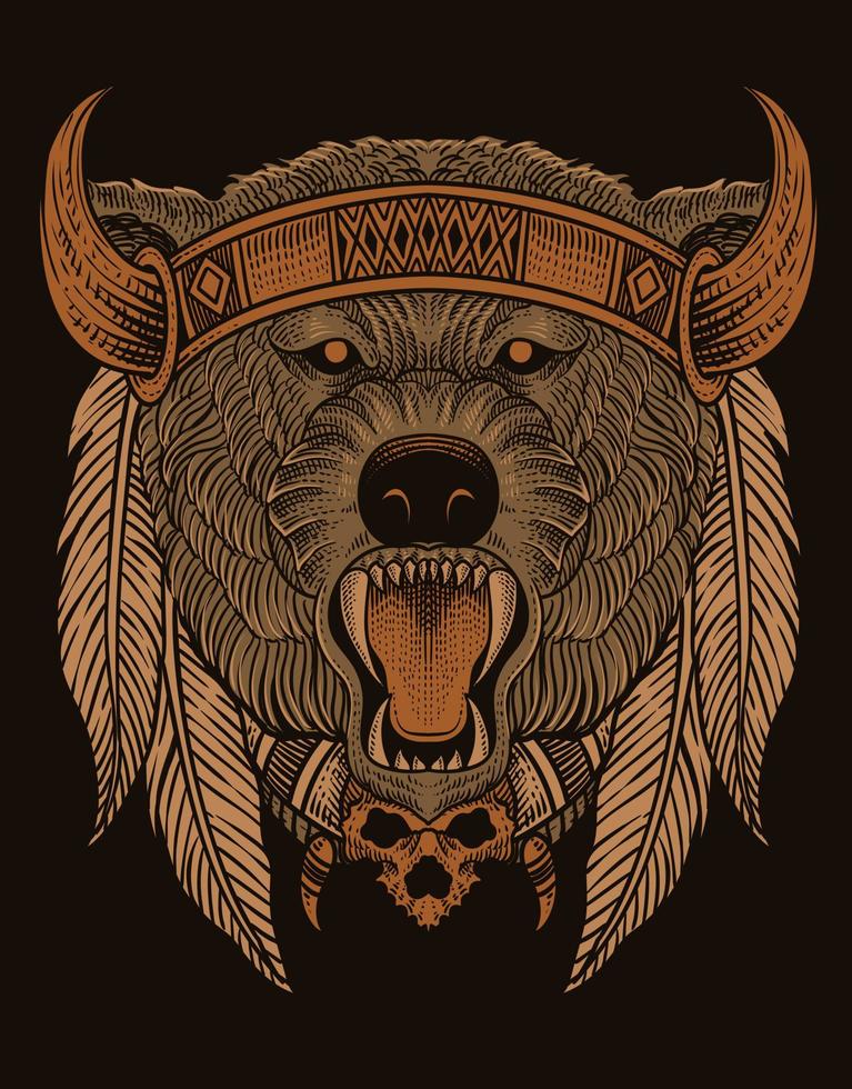 illustration tribal bear head with engraving style on black background vector