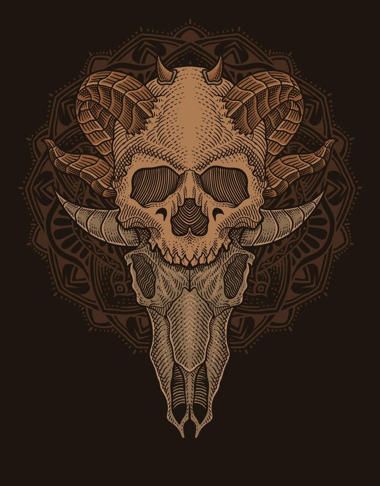 illustration demonic skull with circle mandala on the background vector