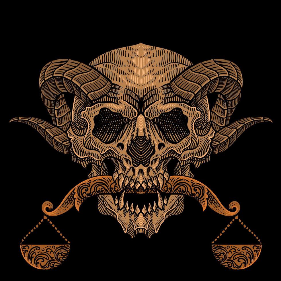 illustration scary demonic skull head biting the scales libra vector