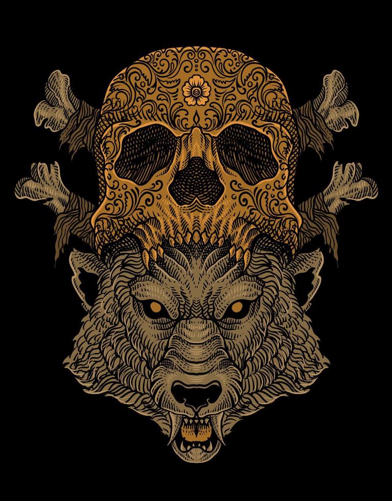 illustration tribal wolf with skull hat on black background vector