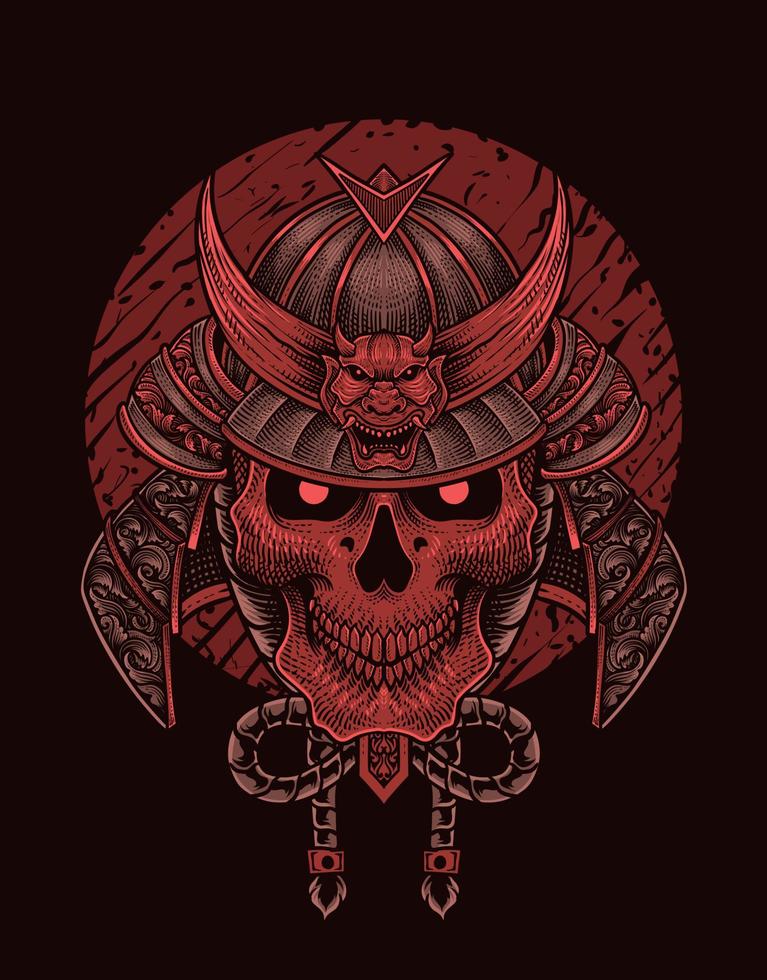 illustration samurai skull head on black background vector