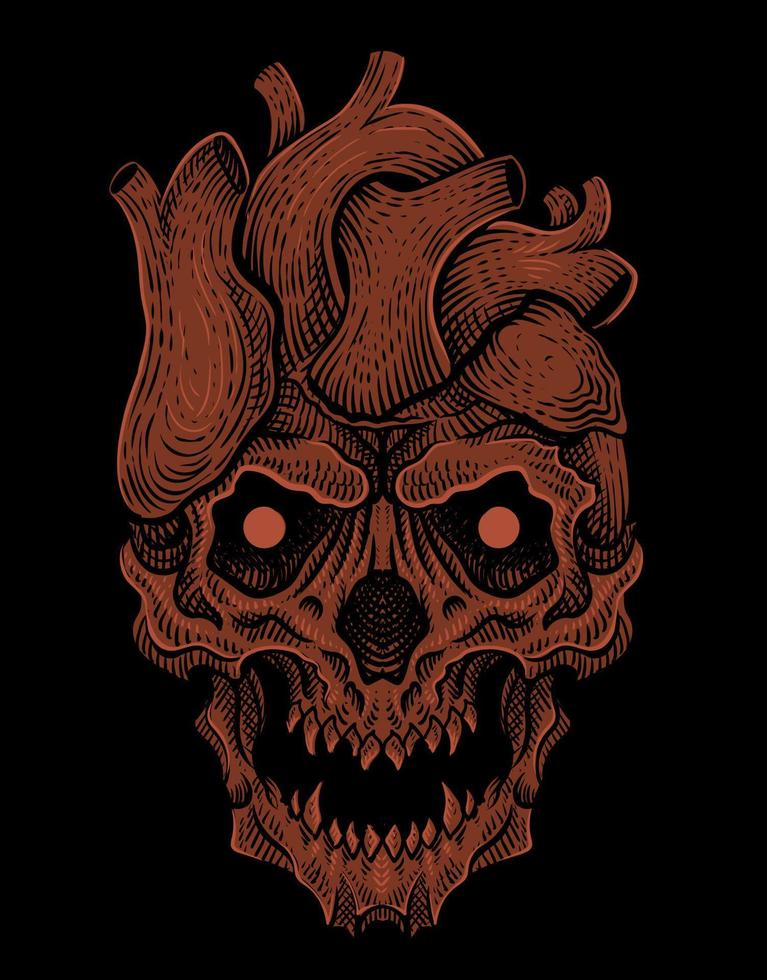 illustration heart skull with vintage engraving style on black background vector