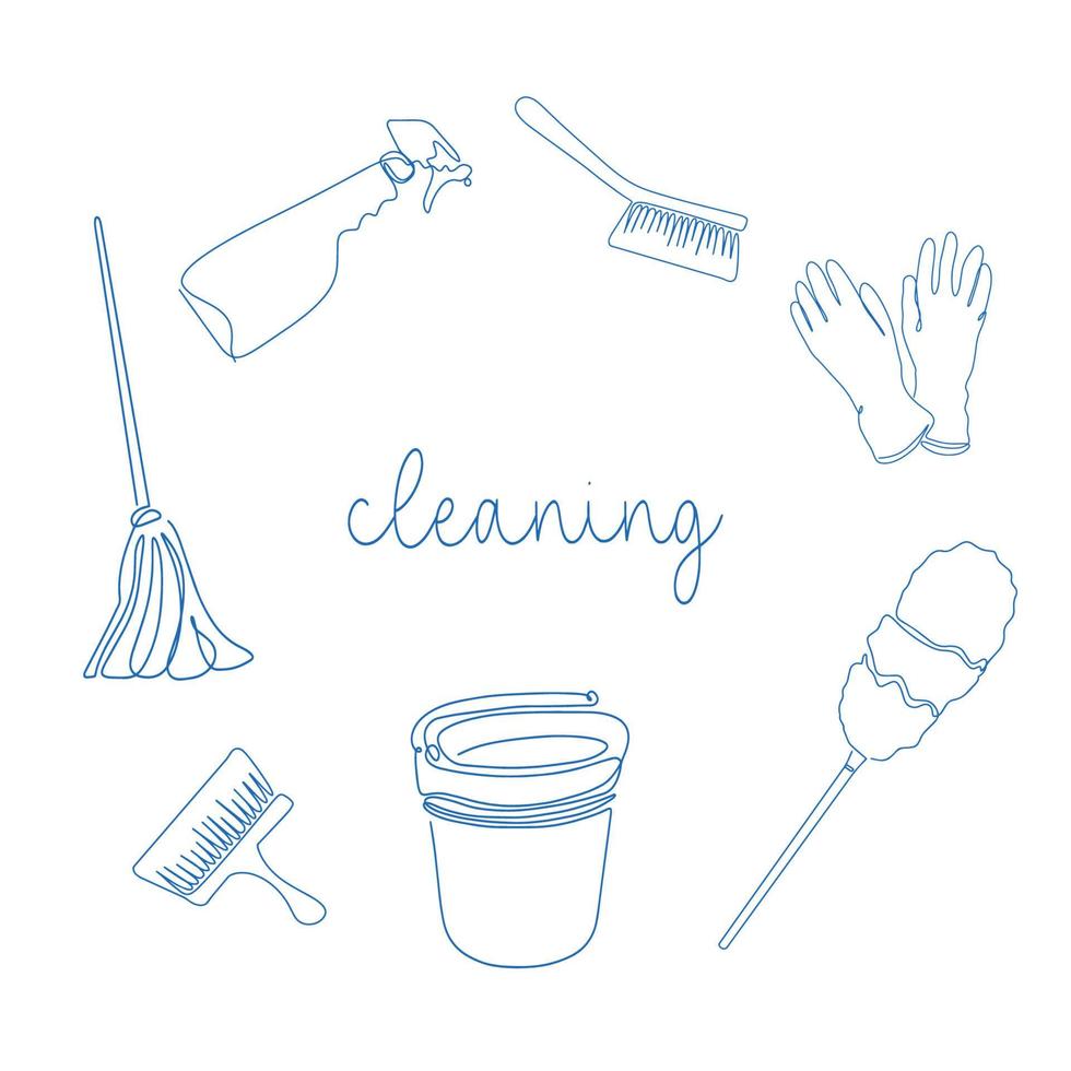 Background of cleaning equipment. Vector illustration isolated on a white background. Cleaning tools in one line.