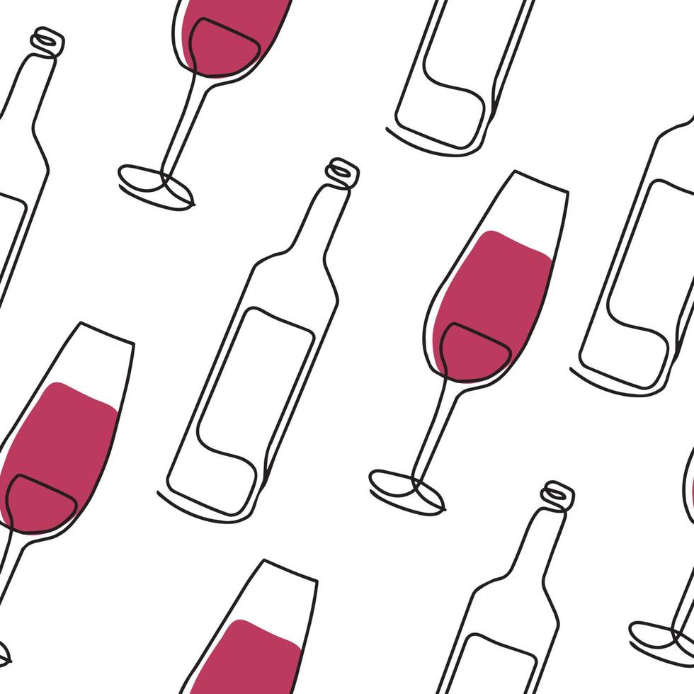 Seamless pattern. Vector illustration of a wine bottle and a glass. Drawing in one line