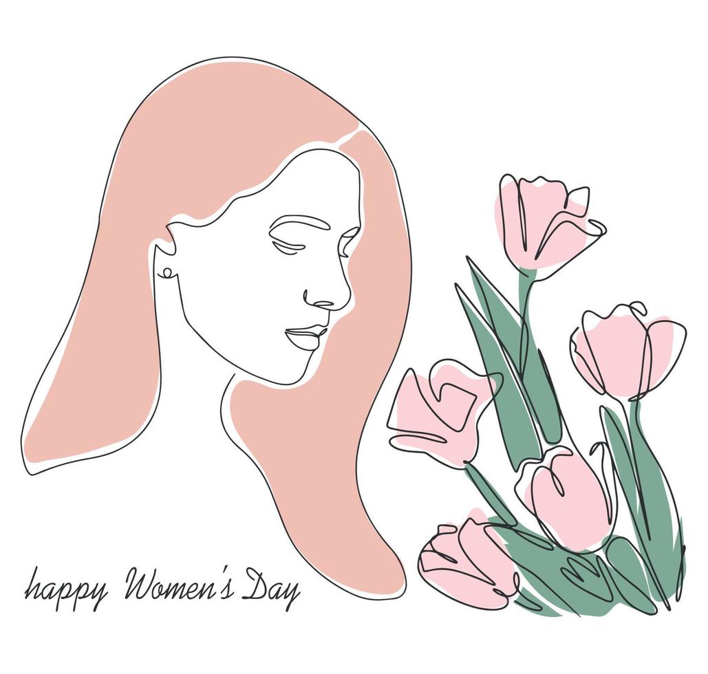 Banner postcard with International Women's Day. Illustration of a tender girl with tulips. Continuous drawing with one line. Vector
