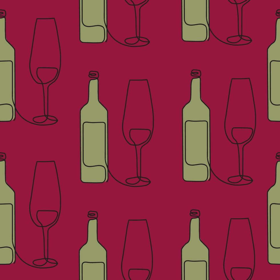 Seamless pattern. Vector illustration of a wine bottle and a glass. Drawing in one line