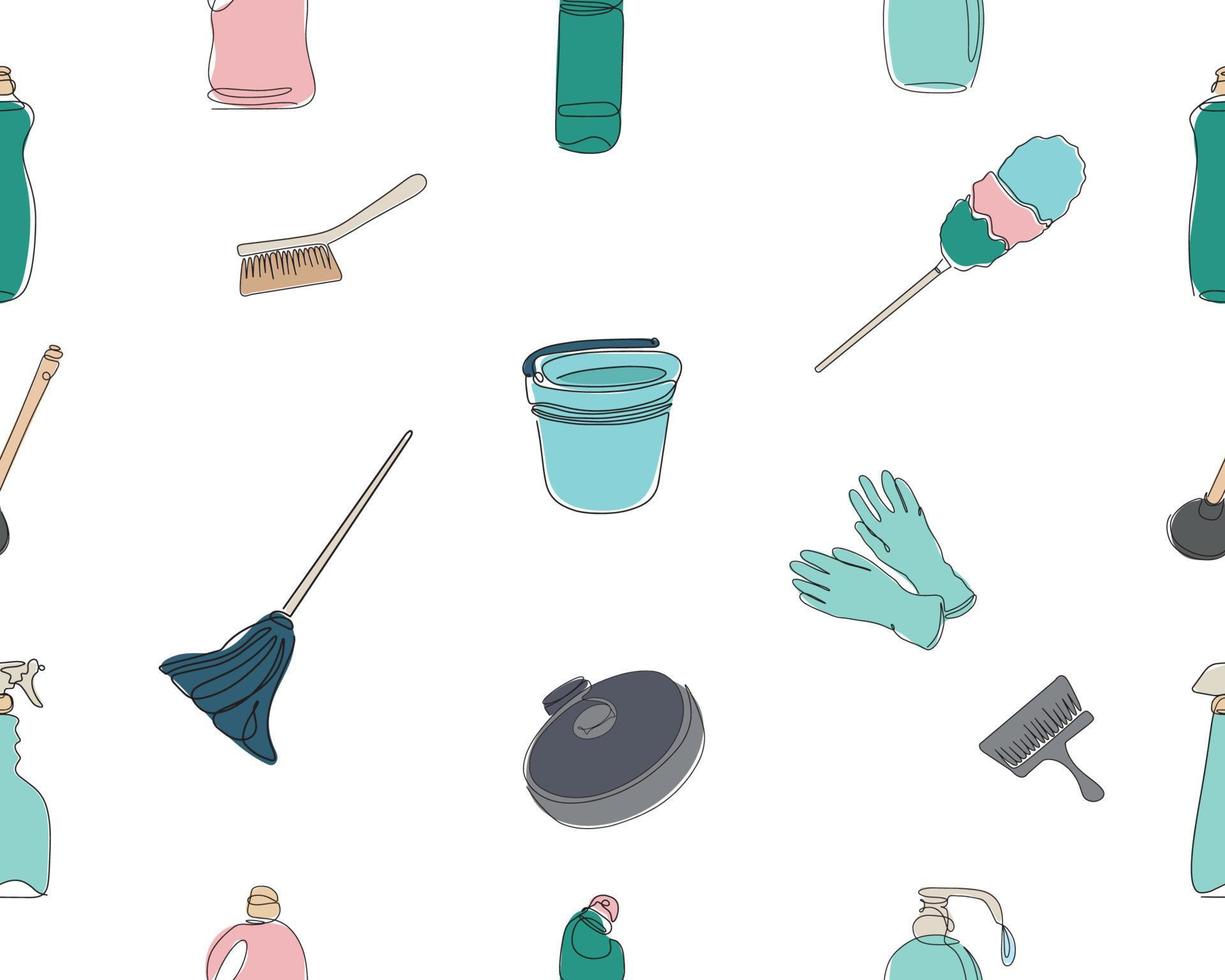 Seamless pattern. Cleaning equipment background. Vector illustration isolated on white background. Cleaning products in one line. Vector