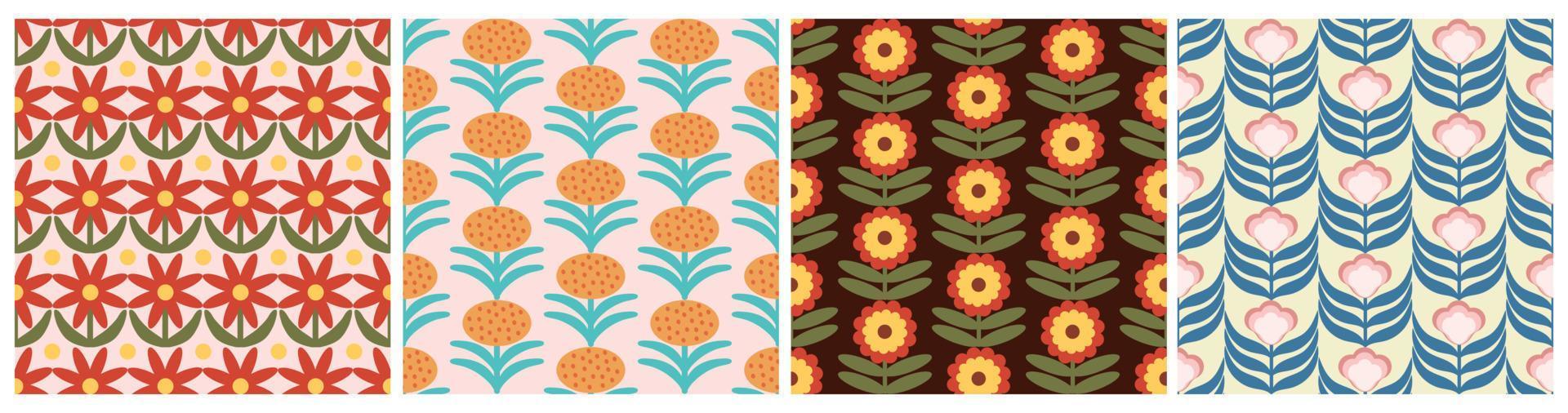 Set of Retro Floral Pattern. 70s Funky Design collection with Geometric Flowers. Groovy Mid Century scandi Seamless vector texture for fabric design, textile print, wrapping, cover