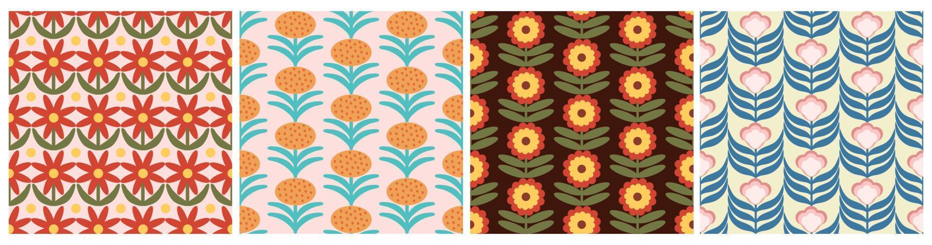 conjunto de retro floral modelo. 70s miedoso diseño colección con geométrico flores maravilloso medio siglo scandi sin costura vector textura para tela diseño, textil imprimir, envase, cubrir