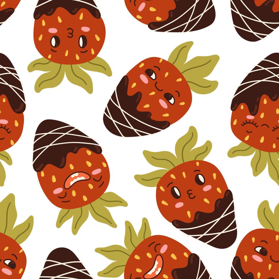 Cartoon strawberry fruit mascot, emoji expressions vector seamless pattern. Funny face food character emoticon chocolate dessert texture.