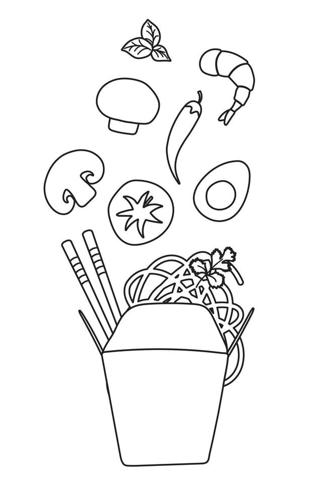 Noodles with traditional Ingredients in a wok box. Vector Illustration in doodle flat style.