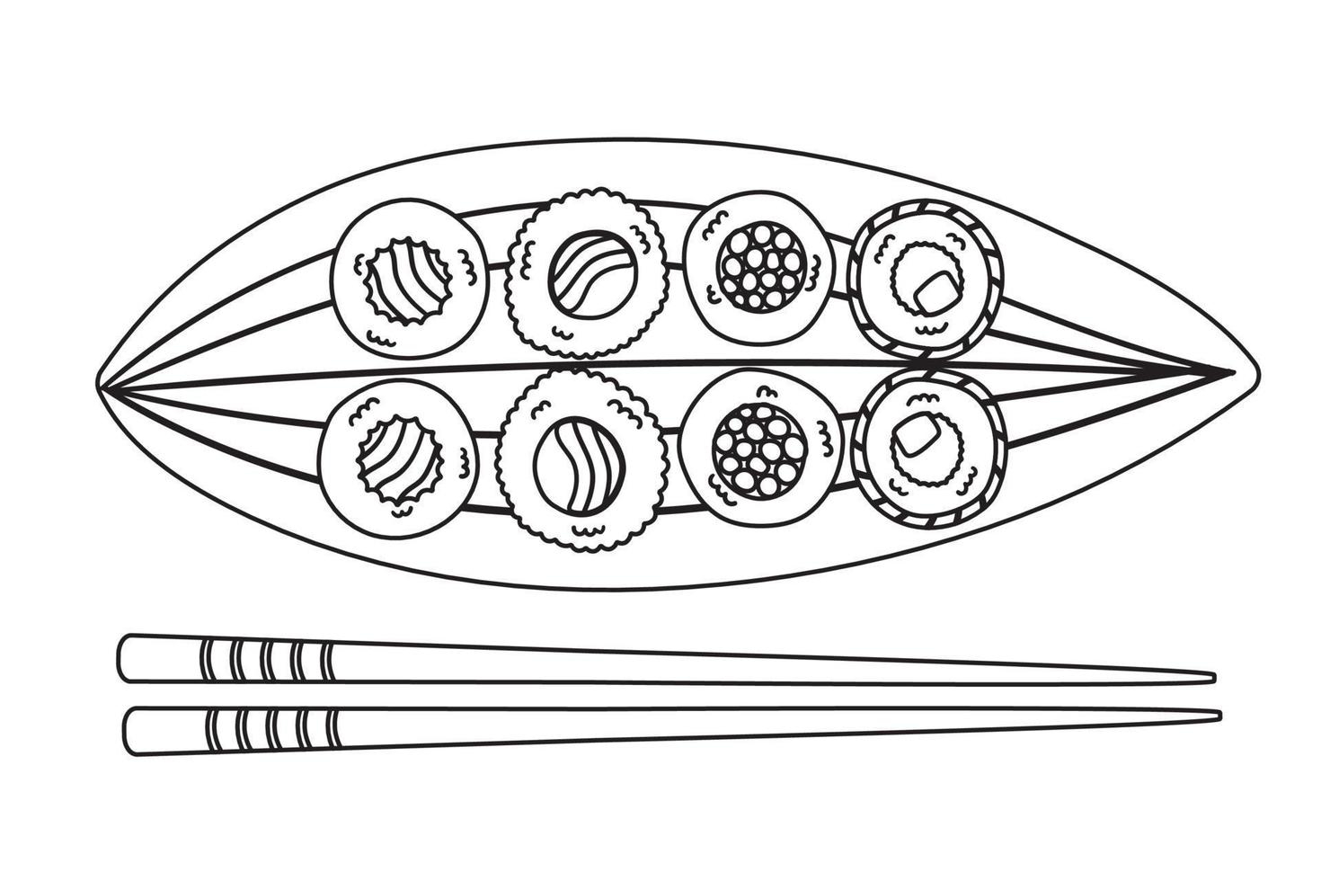 Traditional japanese sushi and rolls, and chopsticks serving on leaf vector