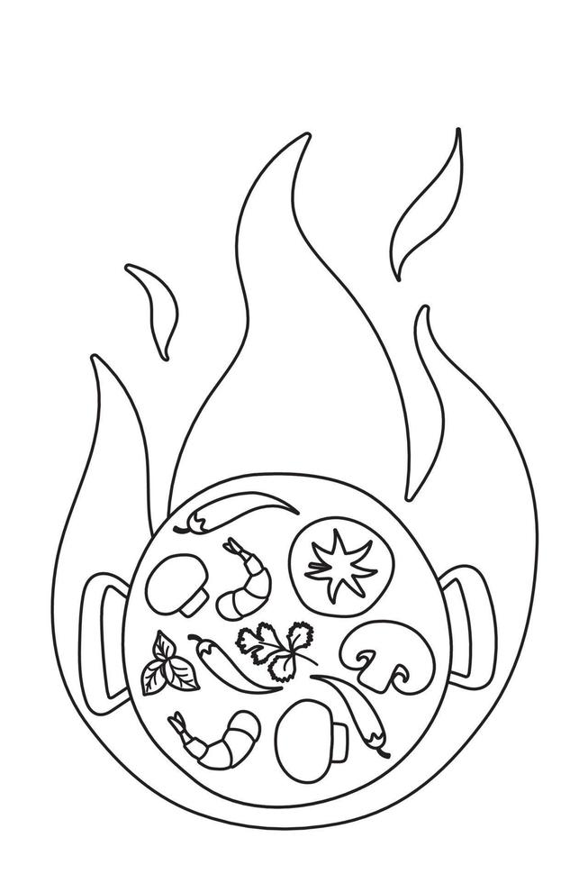 Ingredients for Wok pan with fire. vector doodle flat asian wok symbols set. Vegetables with seafood for menu design.