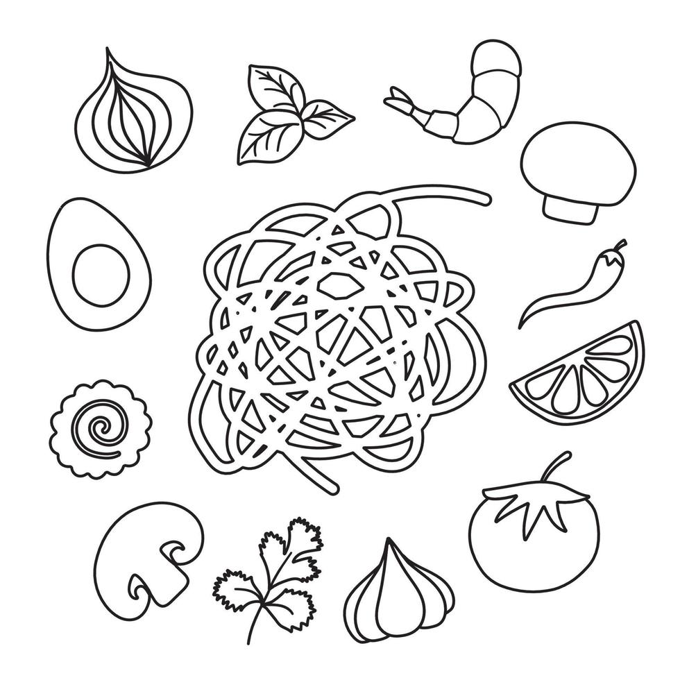 Ingredients for Wok pan. vector doodle flat asian wok symbols set. Vegetables with seafood for menu design.