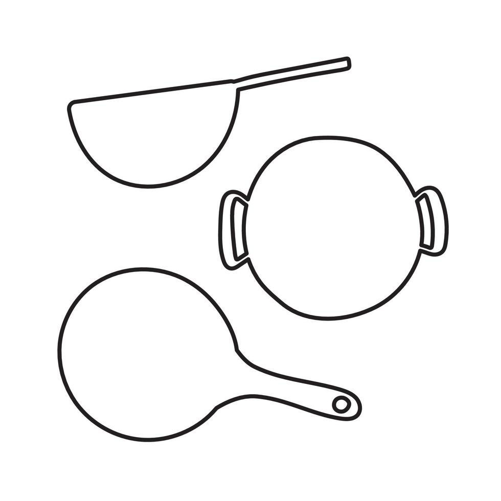 Wok frying pan set in flat doodle style. Vector illustration of kitchen tools
