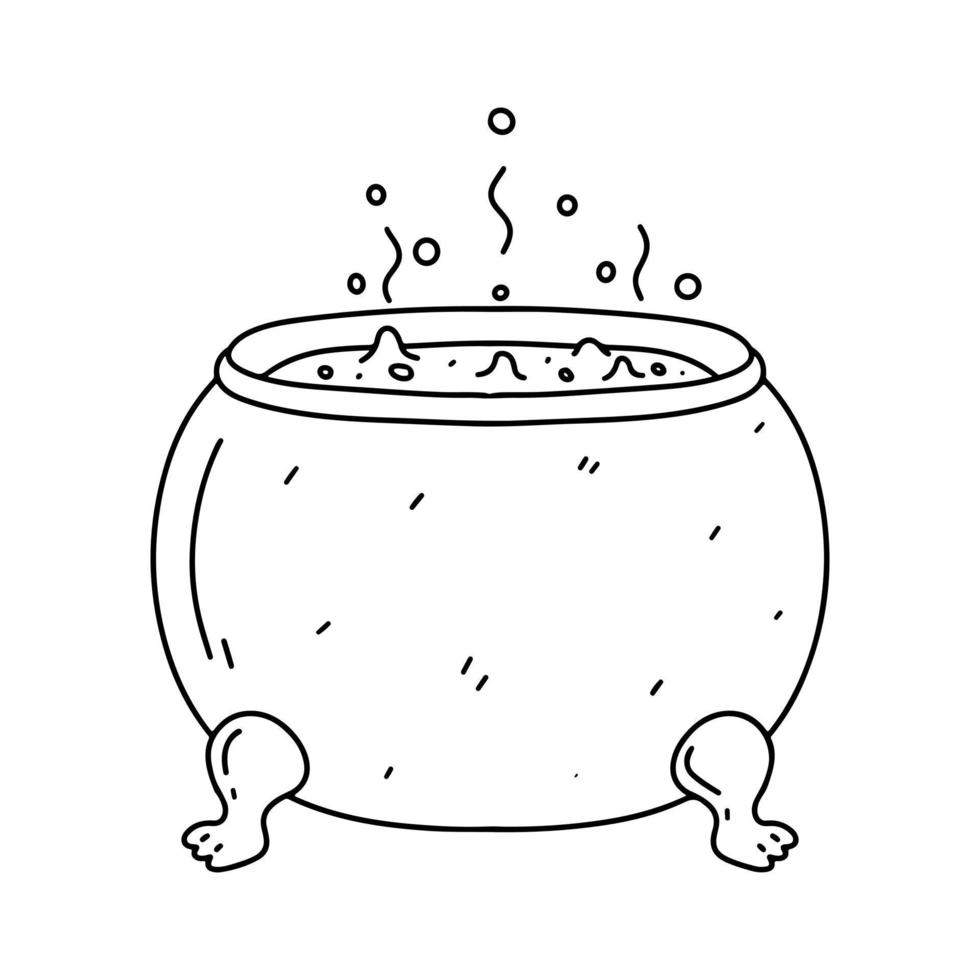 Cauldron with boiled potion and bubbles in hand drawn doodle style. Symbol of Halloween. vector