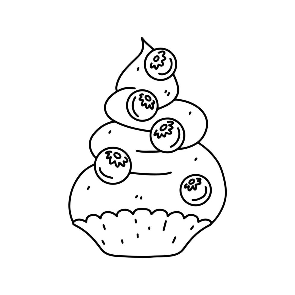 Sweet cupcake with berries on cream in hand drawn doodle style. Template for greeting card, postcard or adult coloring book. Cute food illustration. vector