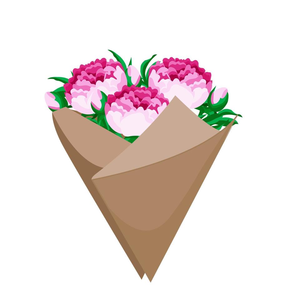 un ramo de flores de flores peonías en un papel paquete. un floral regalo para un celebracion, un romántico sorpresa.mano dibujado, Boda invitación, patrones, fondos de pantalla, tela, envase papel. vector ilustración