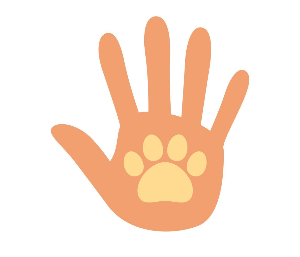 Pet protection icon. Pet care sign. Hand with animal paw inside palm. Vector flat illustration