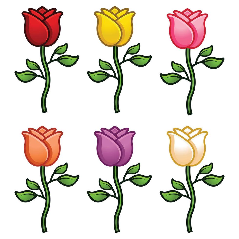 Set of rose flower, isolated on white background. Vector cartoon flat design illustration collection template. Fresh flower. red, pink, white, purple, peach, yellow rose.