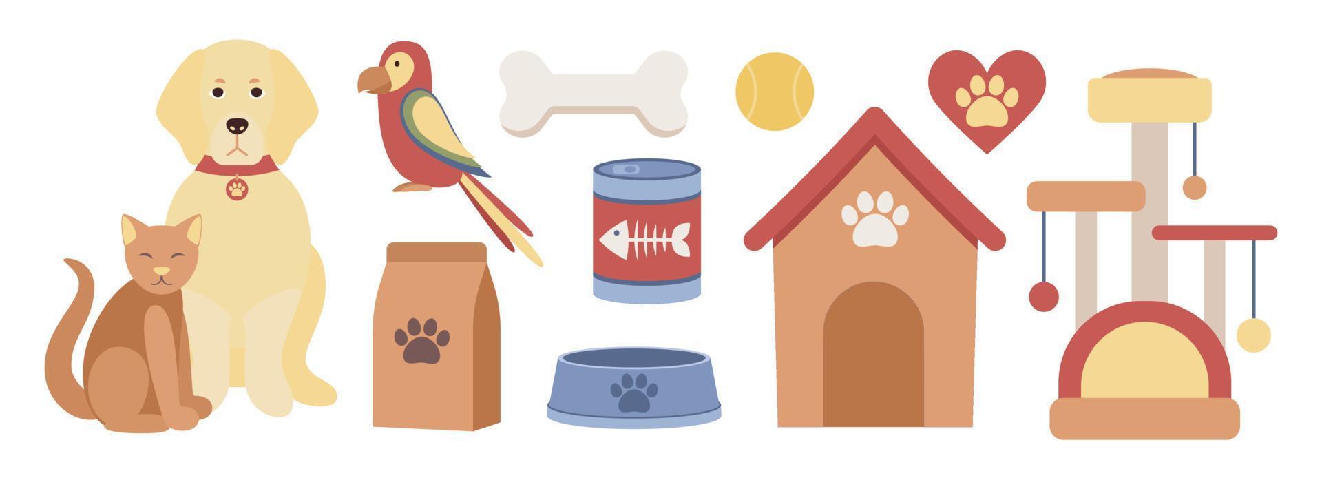 mascota tienda icono colocar. mascota alimento, mascota muebles, gato torre y rascarse correo, perro casa, loro, perro y gato y mascota suministros. vector plano ilustración