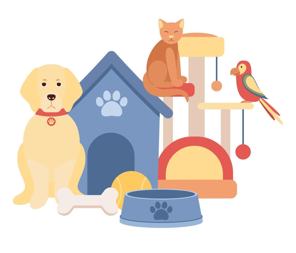 Pet shop concept. Pet food, pet furniture, parrot, dog and cat and pet supplies. Vector flat illustration