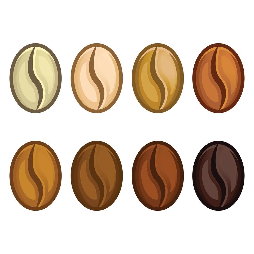 conjunto realista de granos de café que muestra varias etapas de tostado aislado en la ilustración de vector de fondo blanco