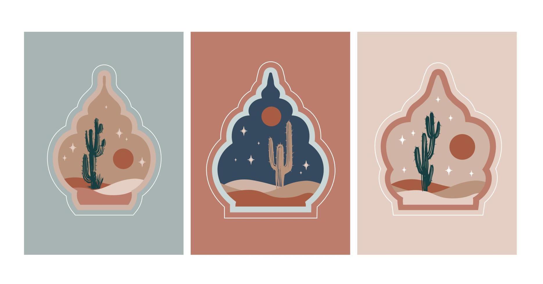 Collection of oriental style Islamic windows, palm trees, cactus and desert vector