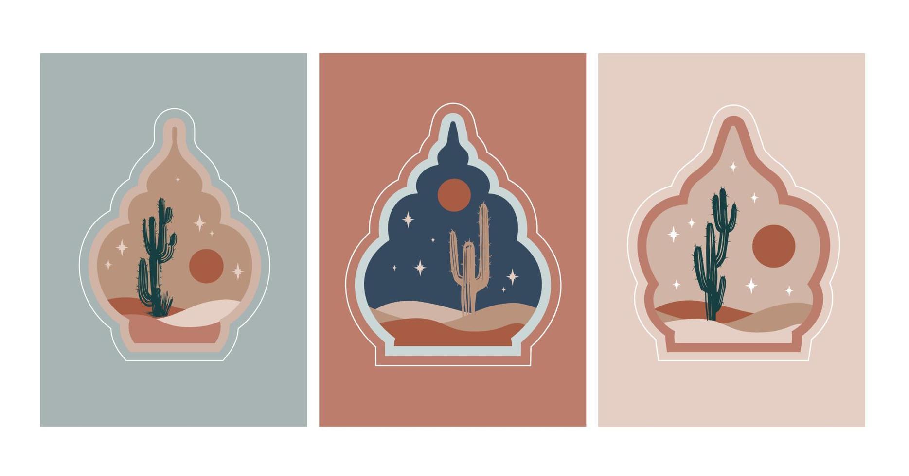 colección de oriental estilo islámico ventanas, palma árboles, cactus y Desierto vector