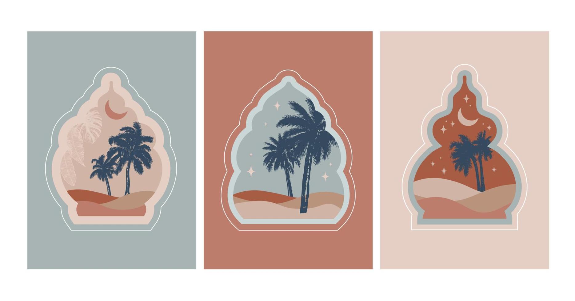 Collection of oriental style Islamic windows, palm trees, cactus and desert vector