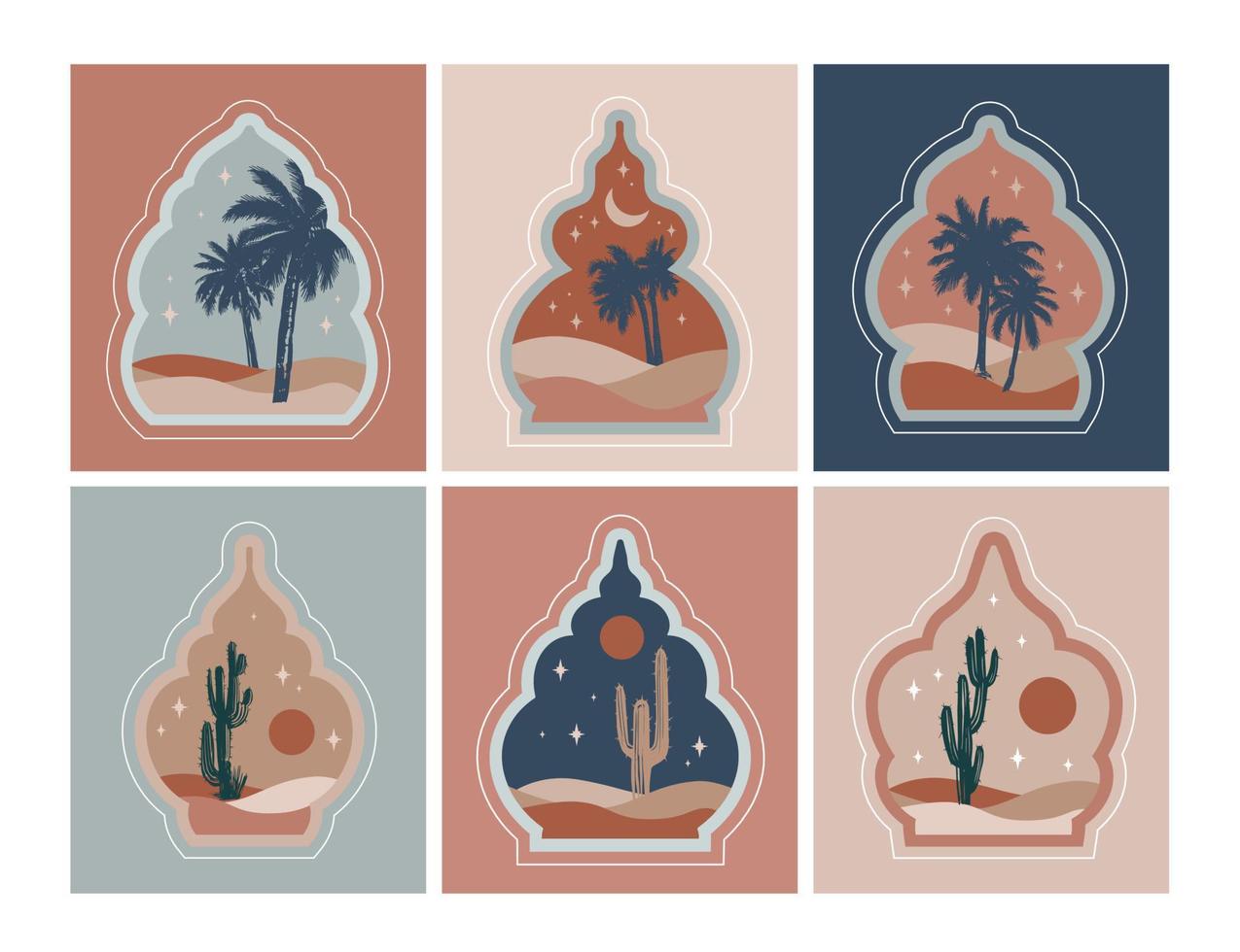 Collection of oriental style Islamic windows, palm trees, cactus and desert vector