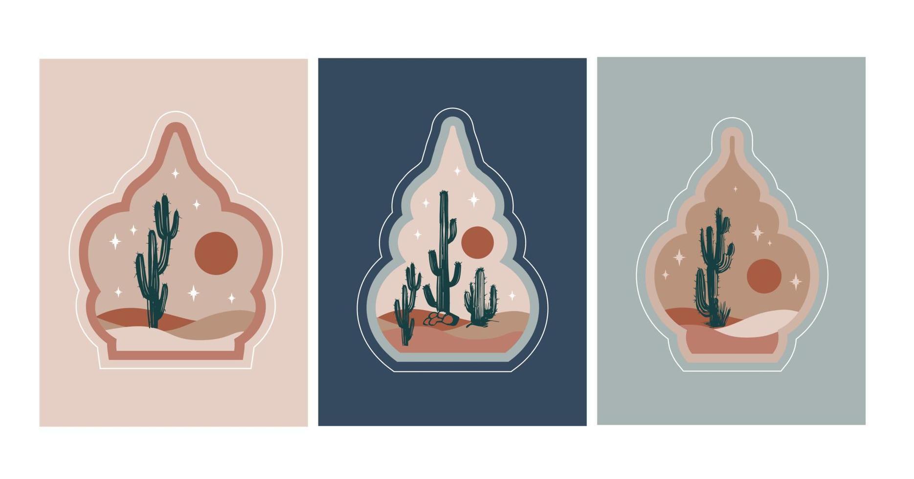 Collection of oriental style Islamic windows, palm trees, cactus and desert vector