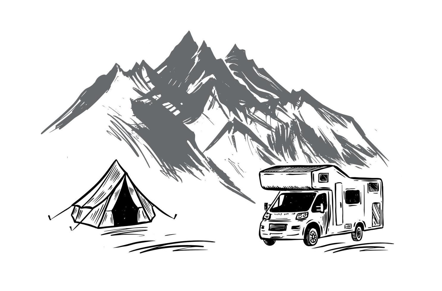 Motor home, Mountain landscape, Camping in nature, hand drawn style vector illustrations.