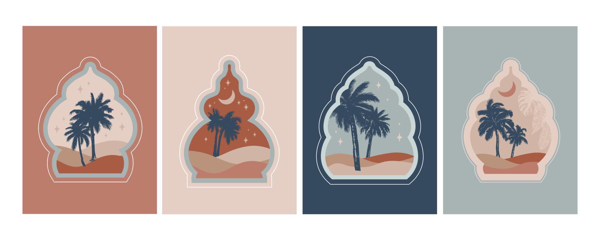 Collection of oriental style Islamic windows, palm trees, cactus and desert vector