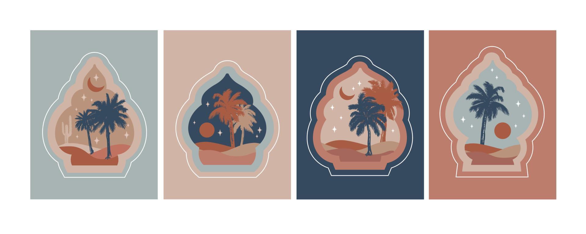 Collection of oriental style Islamic windows, palm trees, cactus and desert vector