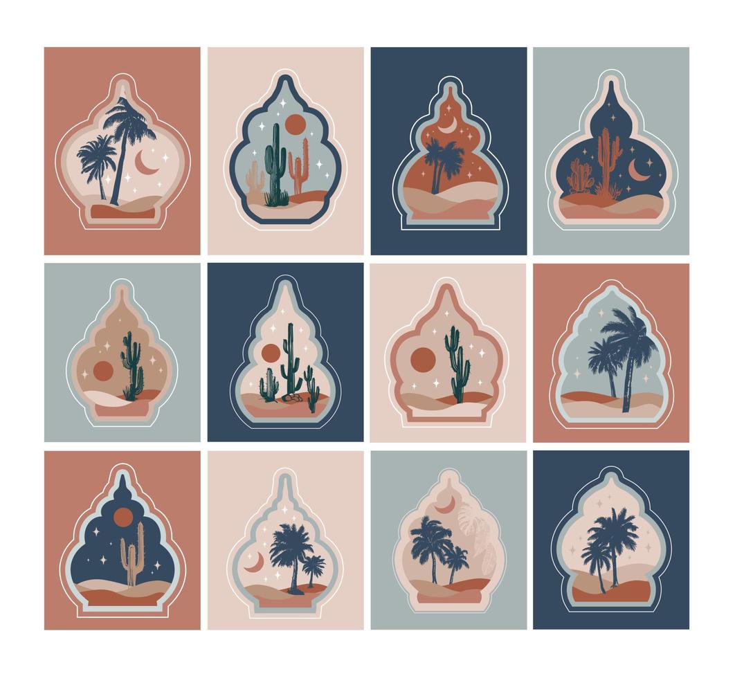 Ramadan. Collection of oriental style Islamic windows, palm trees, cactus and desert vector