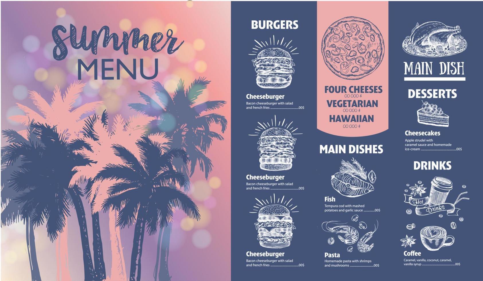 Summer menu, Restaurant food. Hand drawn illustrations. Vector food flyer.