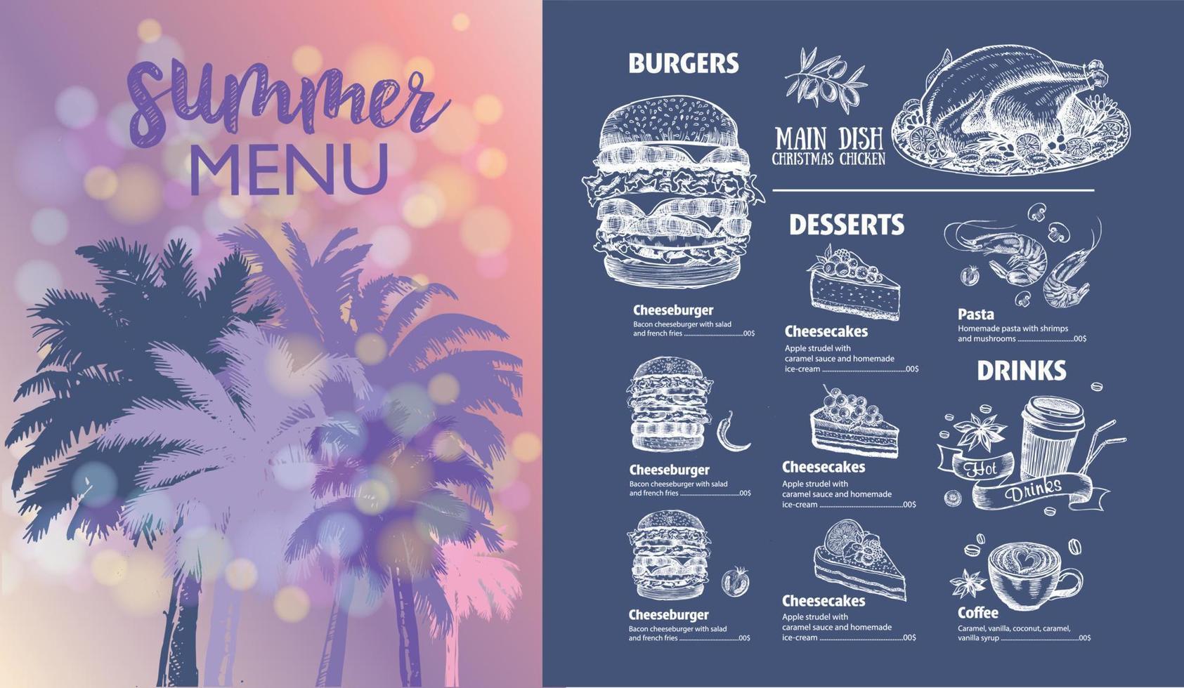 Summer menu, Restaurant food. Hand drawn illustrations. Vector food flyer.