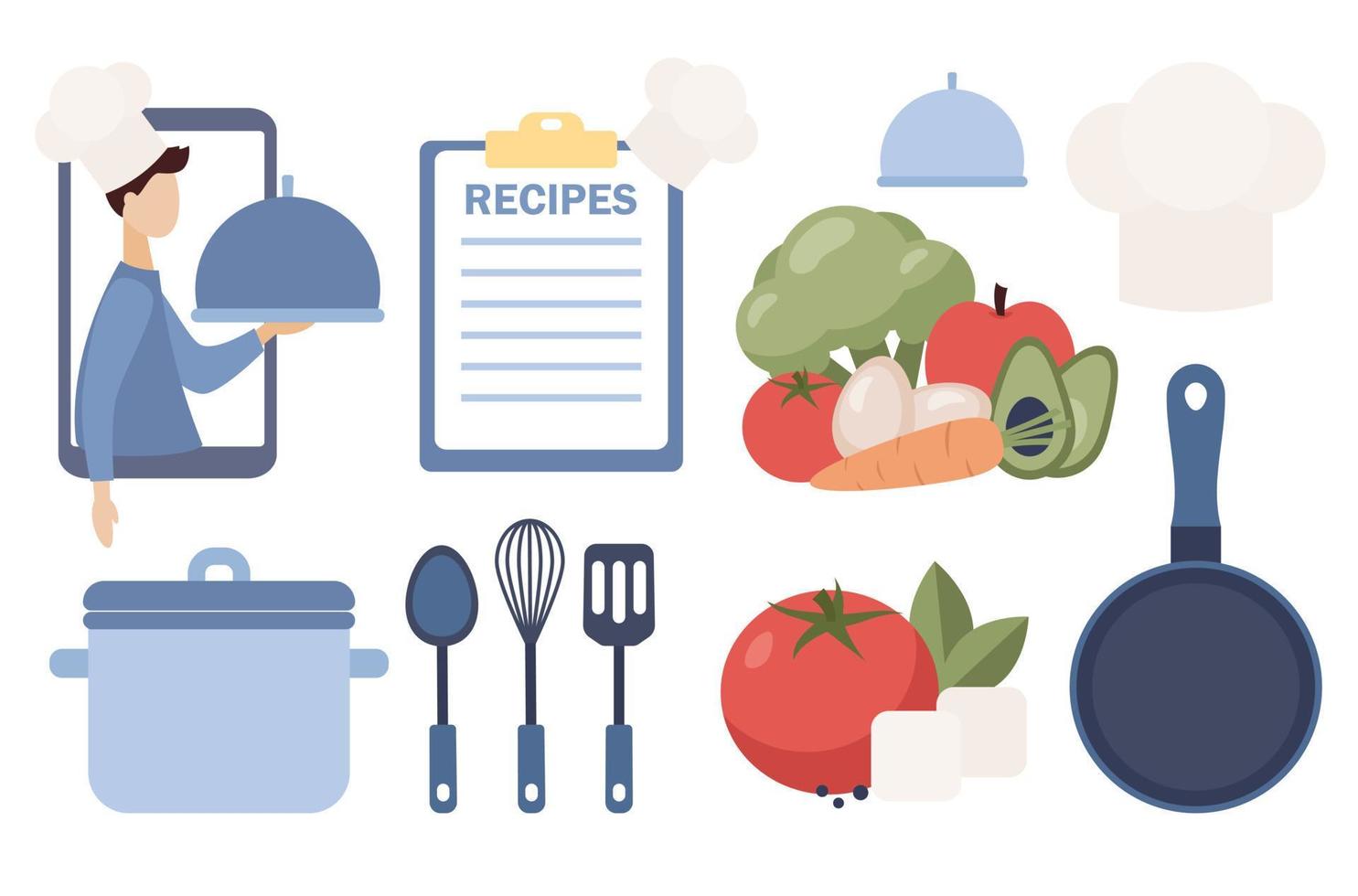 Cooking icon set. Recipes book concept. Food ingredients and kitchen tools. Culinary text notes. Food blogger. Vector flat illustration