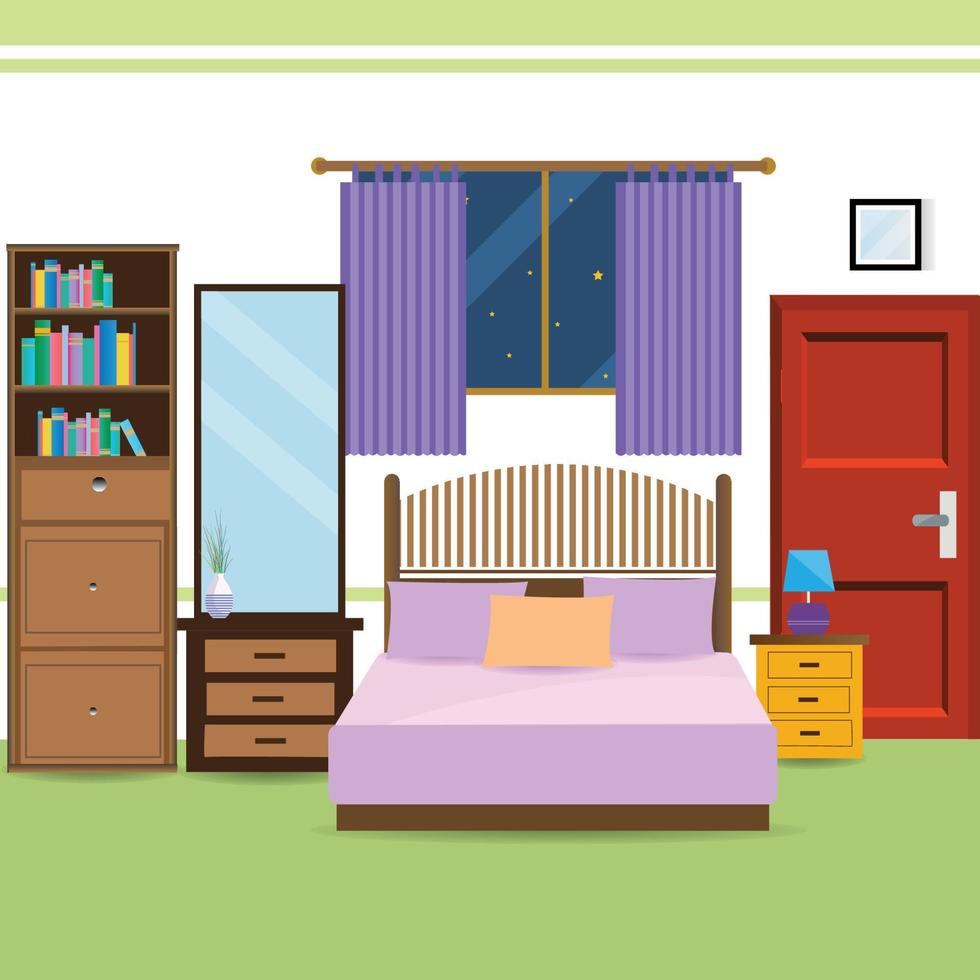 Bedroom interior room furniture vector illustration.