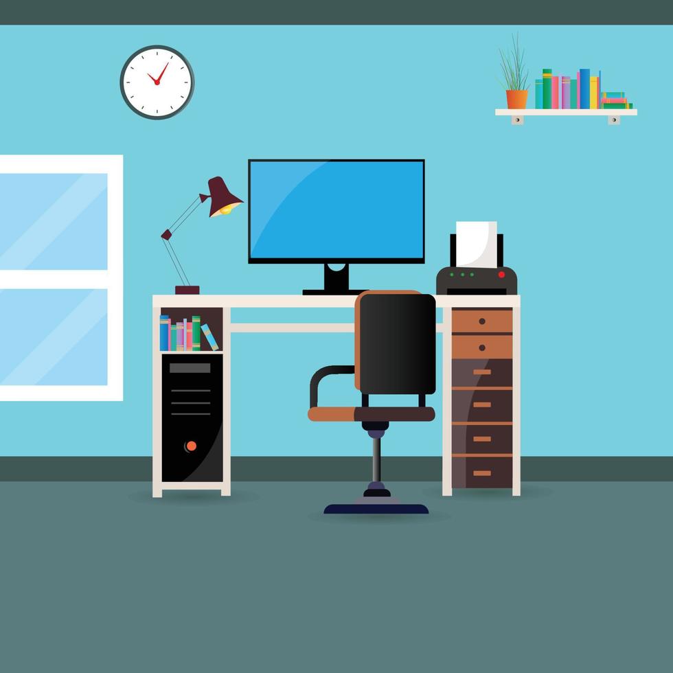 A room with a clock and a desk with a monitor on it. vector