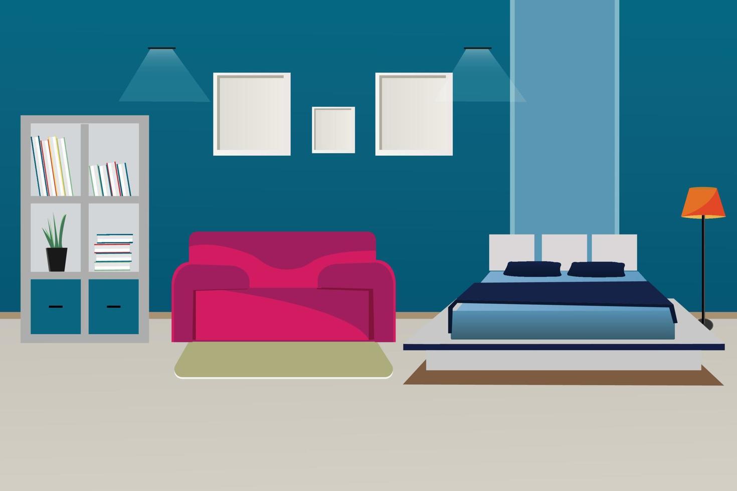Bedroom with furniture. Cozy interior with sofa vector illustration.